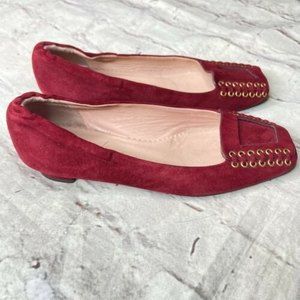 Daniel Barbara Red Square Toe Flats Made In Italy Suede Studded